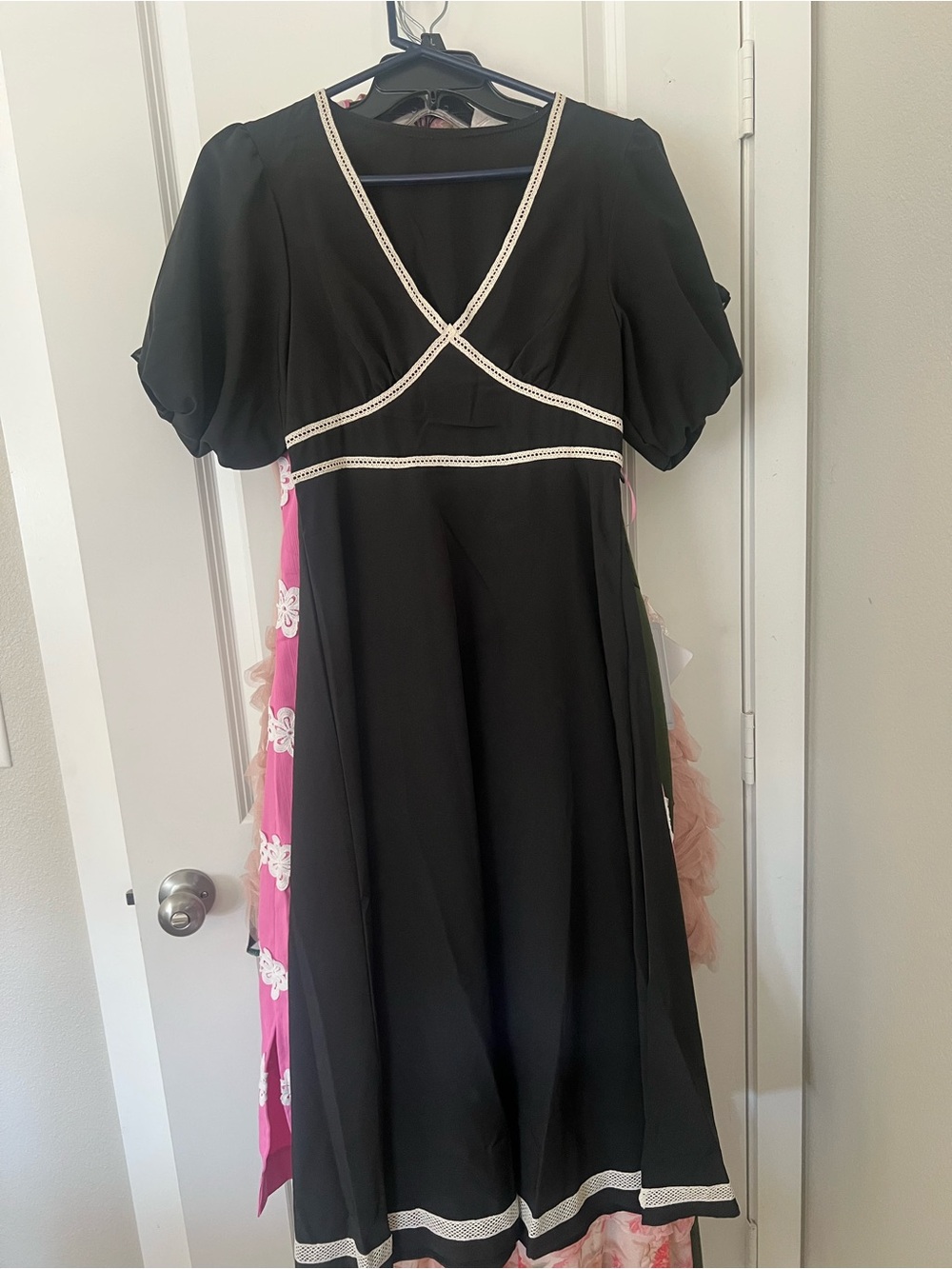 Black V-Neck Midi Dress with Contrast Trim